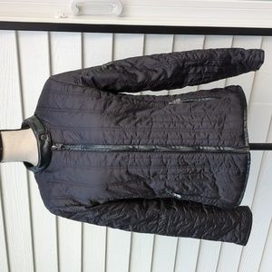 Eivissa Faux Leather Trim Quilted Jacket With Mock Neck Collar